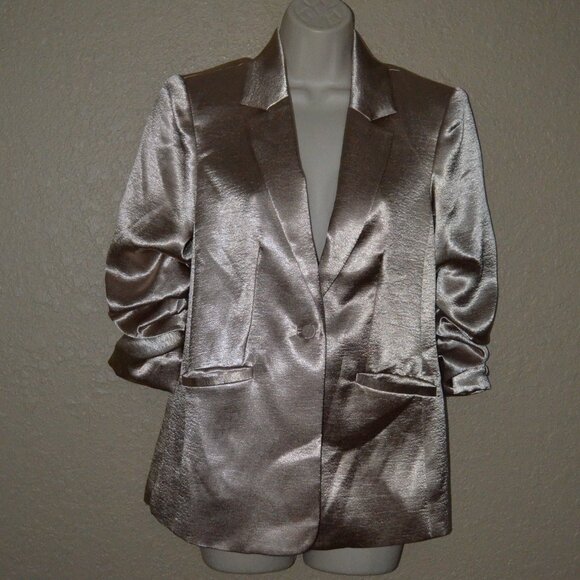 NWOT $495 Sz 2 Cinq a Sept Kylie Metallic Mercury Satin Jacket - Picture 1 of 6